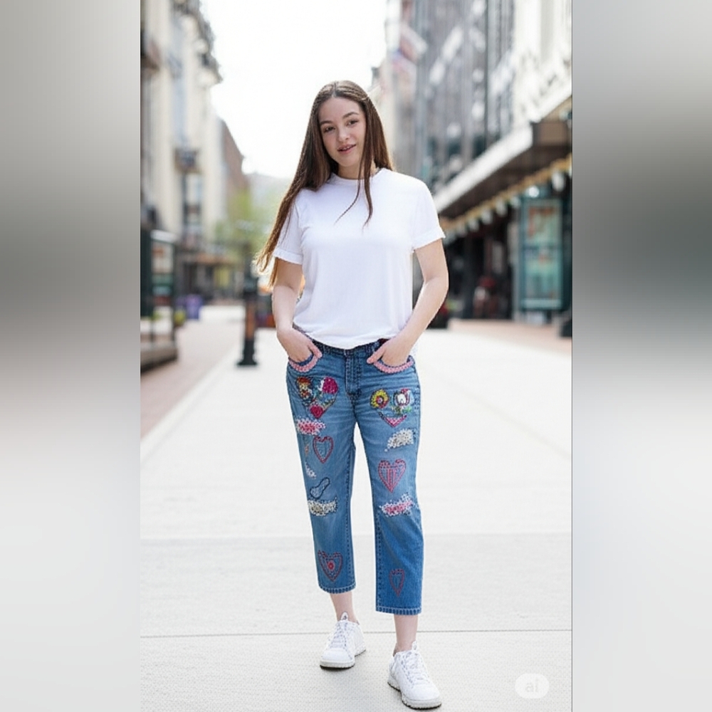 Upcycled Hand crafted applique & embroidery blue jeans;heart, beads, & buttons